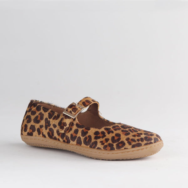 Froggie Shoes Women’s Barefoot Mary Jane- Removable Footbed- Cheetah Print Leather 12972 - side - angle