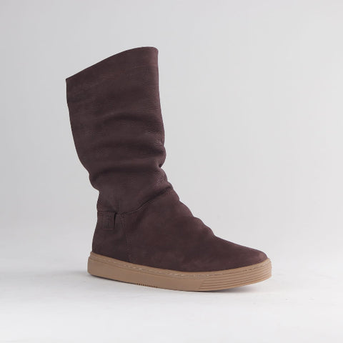 Froggie Shoes Women’s Mid Calf Ruched Boot- Brown Suede-12986