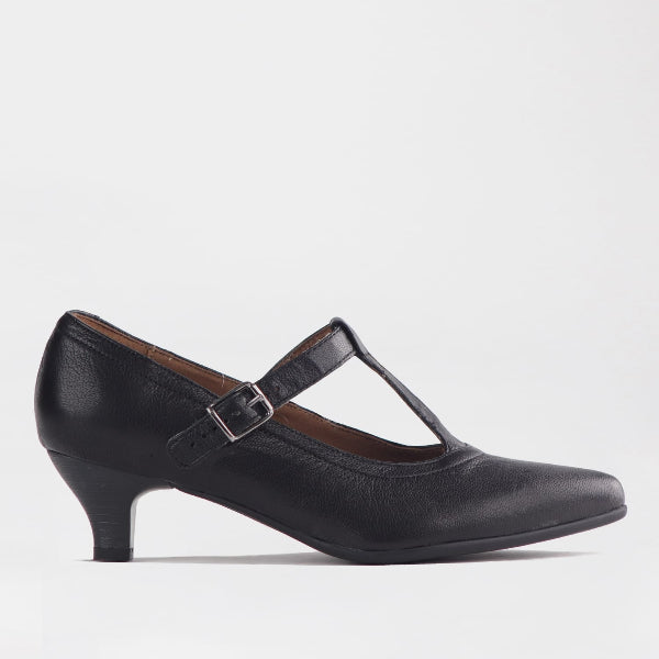  Froggie Shoes Women’s T Bar Kitten Heel Pump- Black Leather - 12792