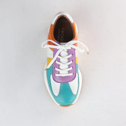 Bright coloured leather women’s sneaker by Froggie with lace-up fastening style 12688, soft lining and versatile casual fashion look.