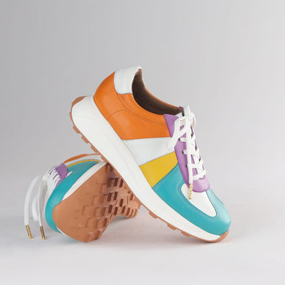 Froggie 12688 women’s leather lace-up sneaker with vibrant colour panels, comfortable fit, and durable everyday wear sole.