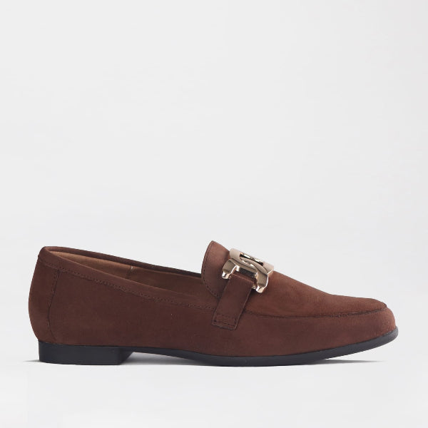 Froggie Shoes Women’s Loafer- Chain Detail- Brown Suede -12998 - sinde