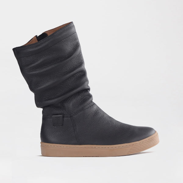 Froggie Shoes Women’s Mid-Calf Ruched Boot- Black Leather -12986