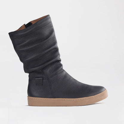 Froggie Shoes Women’s Mid-Calf Ruched Boot- Black Leather -12986