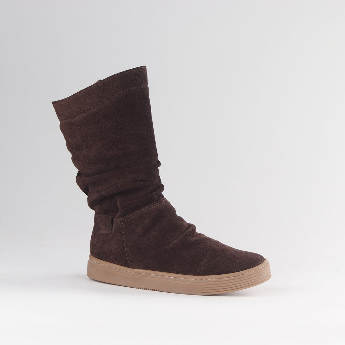 Froggie Women’s Mid-Calf Ruched Boot 12986 in brown suede featuring soft slouch detailing, side zip closure, and comfortable low heel design.
