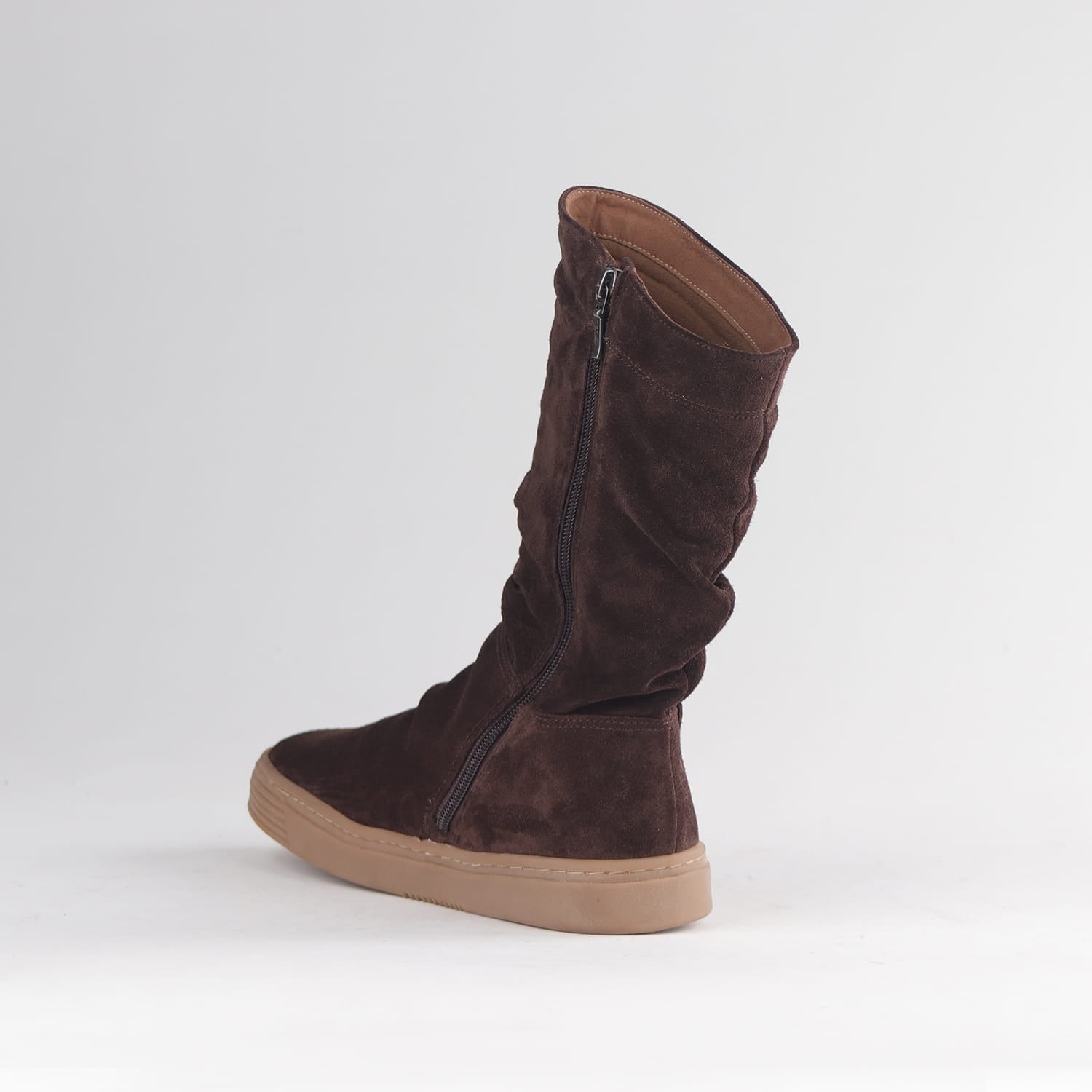Froggie 12986 women’s mid-calf boot in brown suede with ruched texture, easy side zipper, and versatile stylish silhouette.