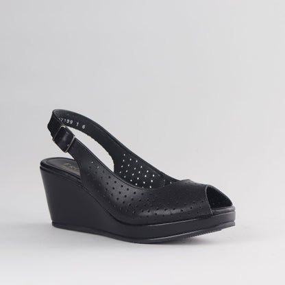 Froggie Women’s Slingback Wedge- Punch Detail-Peep Toe- Black leather- 13047 - side angle