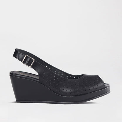 Froggie Women’s Slingback Wedge- Punch Detail-Peep Toe- Black leather- 13047 - side