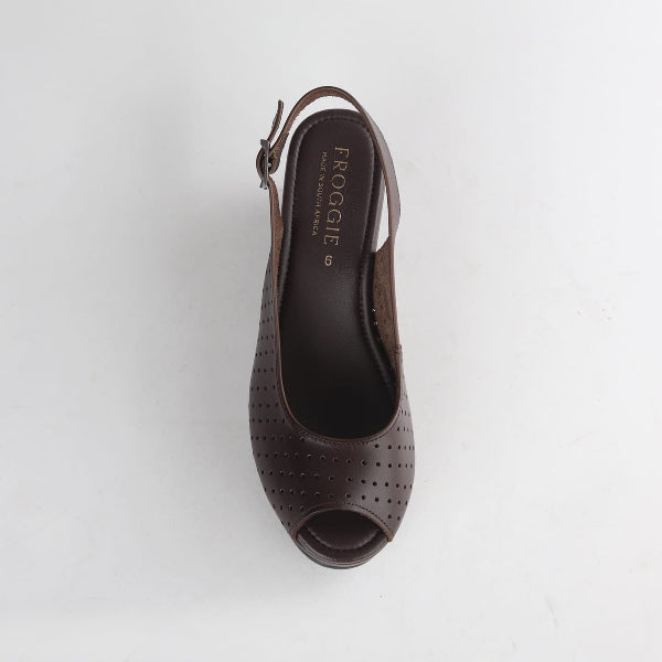Factory Brown Women’s Slingback Wedge- Punch Detail-Peep Toe- Brown leather- 13047 - top 