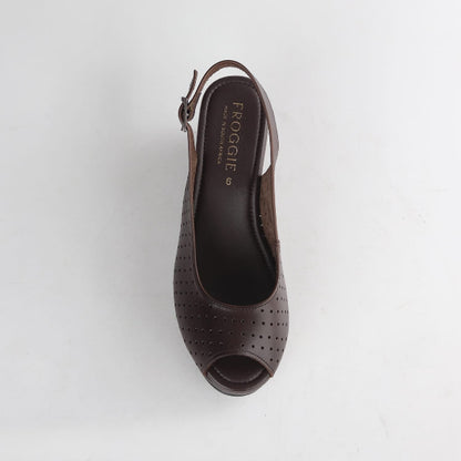 Factory Brown Women’s Slingback Wedge- Punch Detail-Peep Toe- Brown leather- 13047 - top 