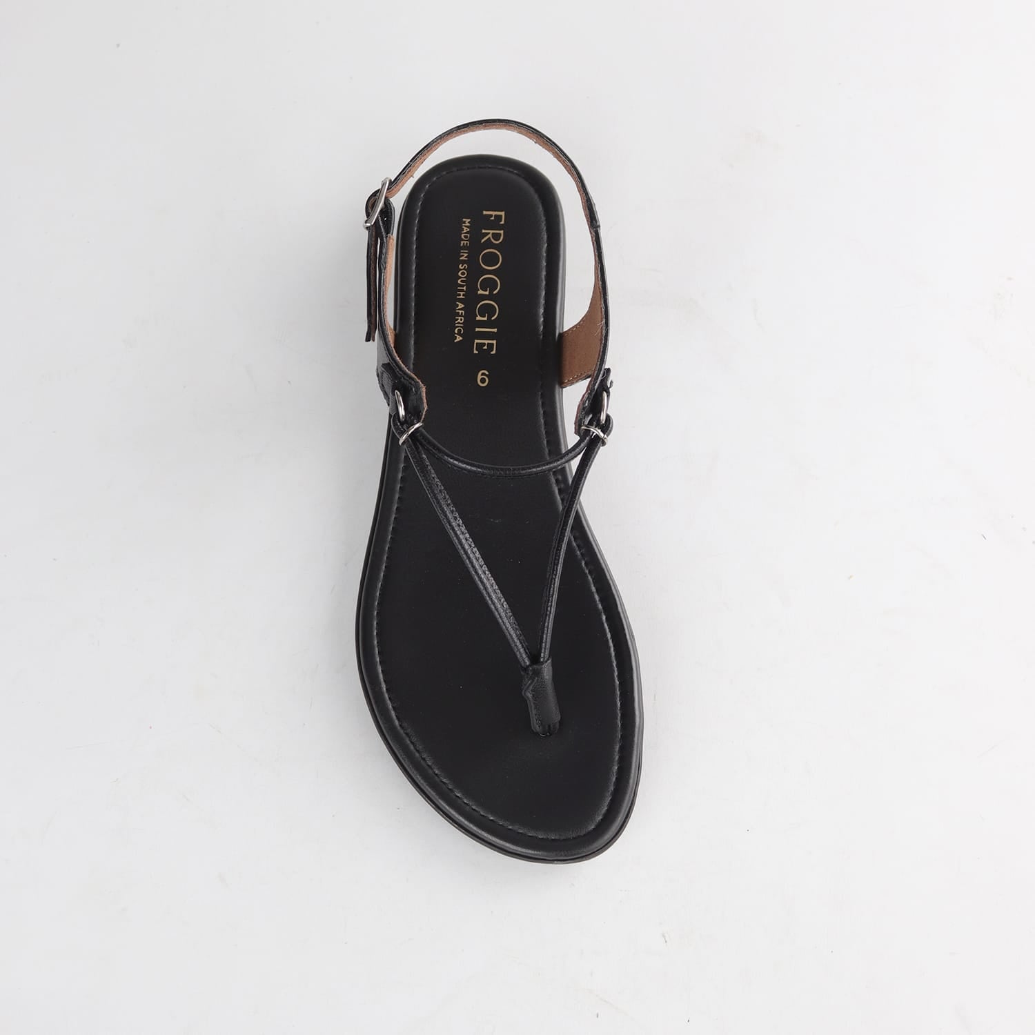 Froggie Women’s 13075 spaghetti thong sandal in black leather with thin strap detailing, slip-on fit and comfortable everyday summer wear.