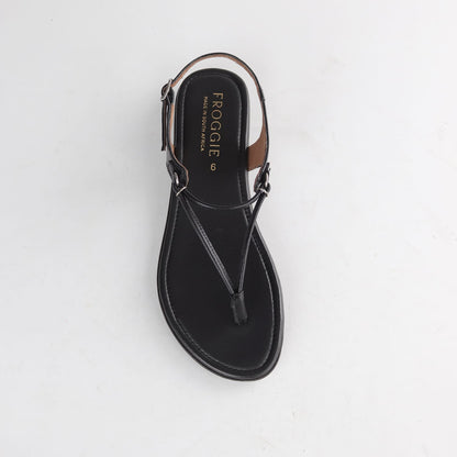 Froggie Women’s 13075 spaghetti thong sandal in black leather with thin strap detailing, slip-on fit and comfortable everyday summer wear.