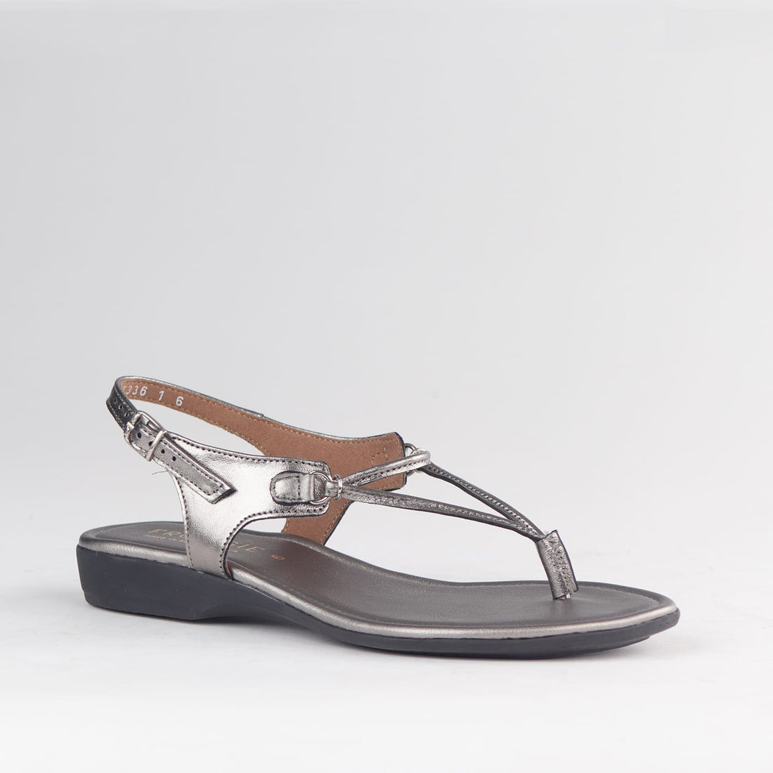 Froggie Women’s Spaghetti Thong Sandal 13075 in pewter leather featuring slim strap design, cushioned footbed and lightweight summer comfort fit.
