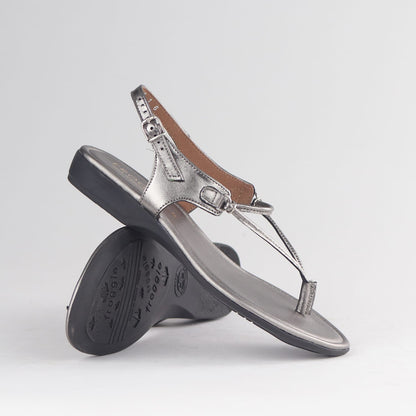 Pewter leather women’s thong sandal by Froggie with delicate spaghetti straps, slip-on style and elegant minimalist warm-weather look.-13075