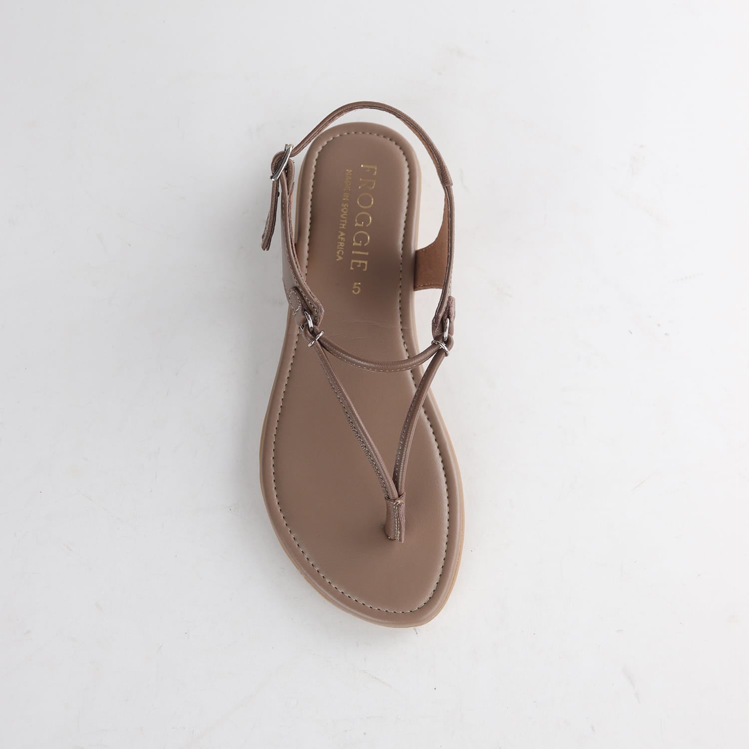 Froggie 13075 women’s spaghetti thong sandal in stone leather with soft insole, thin strap construction, and casual versatile summer wear look.