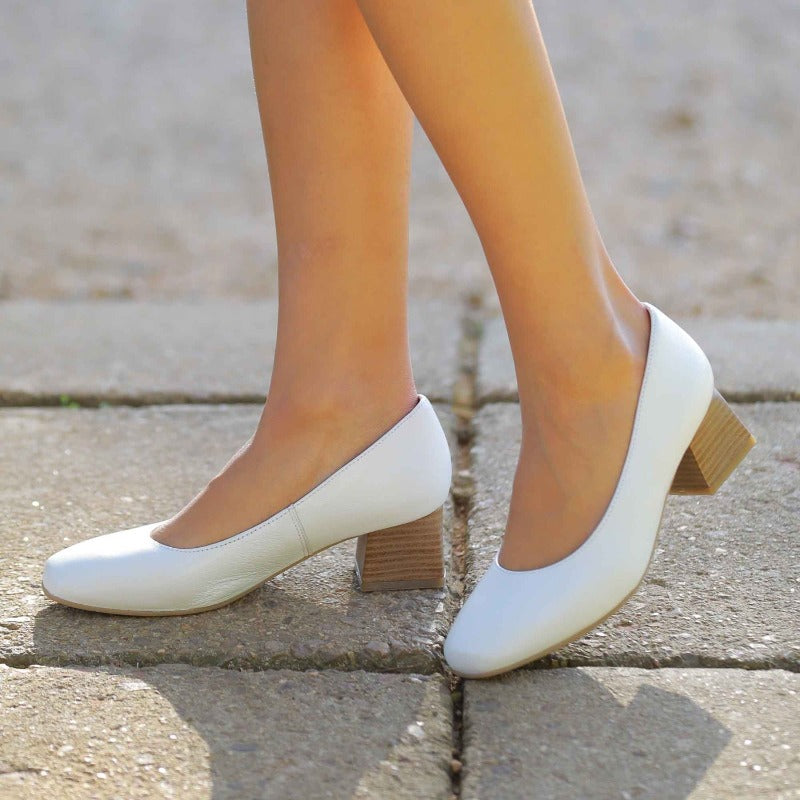 Block Heel Court Shoe in White