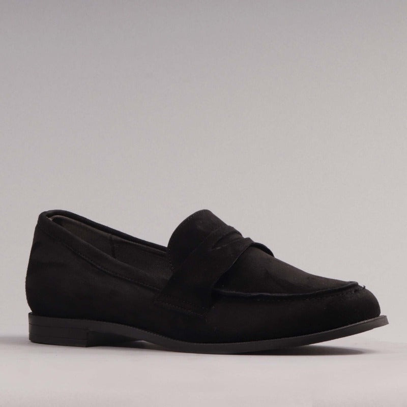 Penny Loafer with Removable Footbed in Black Suede