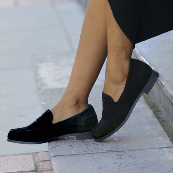 Penny Loafer with Removable Footbed in Black Suede